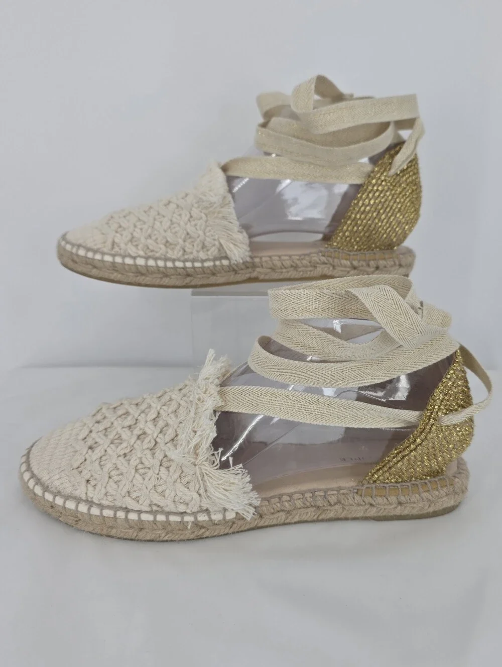 Free People Vida Espadrilles Womens 8 Ivory Gold Crochet Lace Up Boho Flats